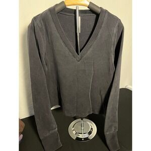 Athleta Coaster Luxe V-Neck Sweatshirt Black Fleece Pullover Womens Size Medium